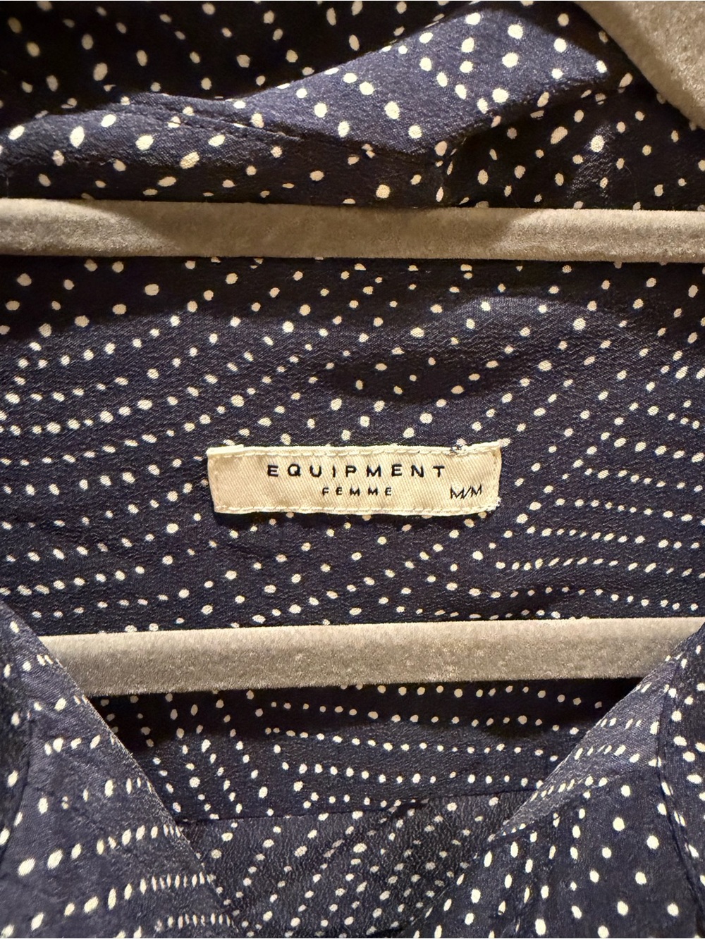 EQUIPMENT FEMME Silk Navy Button-Down Shirt Dress with White Dot Pattern Size M